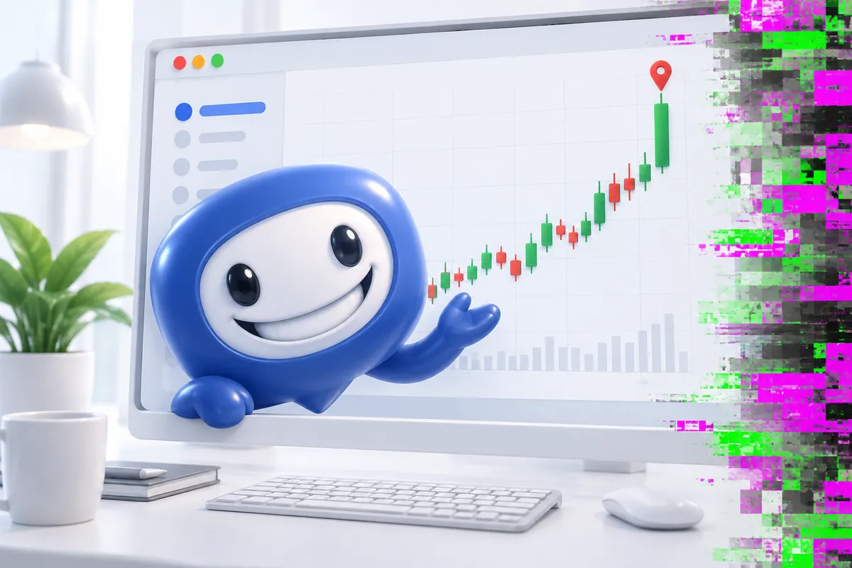 Helpy popping out of a computer window, a little too close, next to a chart with a pin on the very top candle